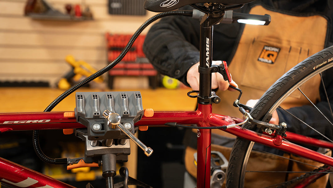 IQ Vise with a bike firmly secured within the pipe-fit jaws